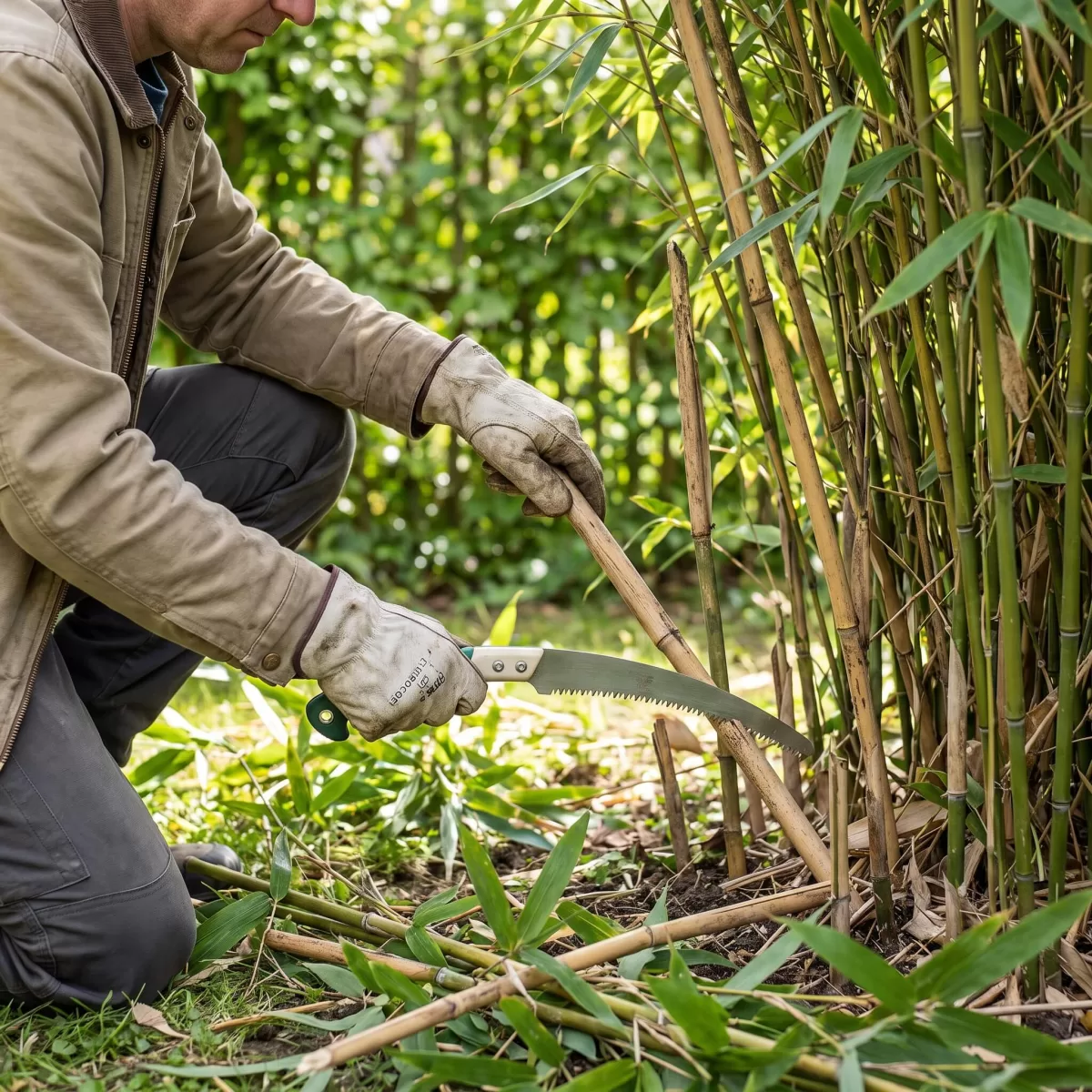 Alte Bambushalme werden bodennah mit Gartensäge entfernt