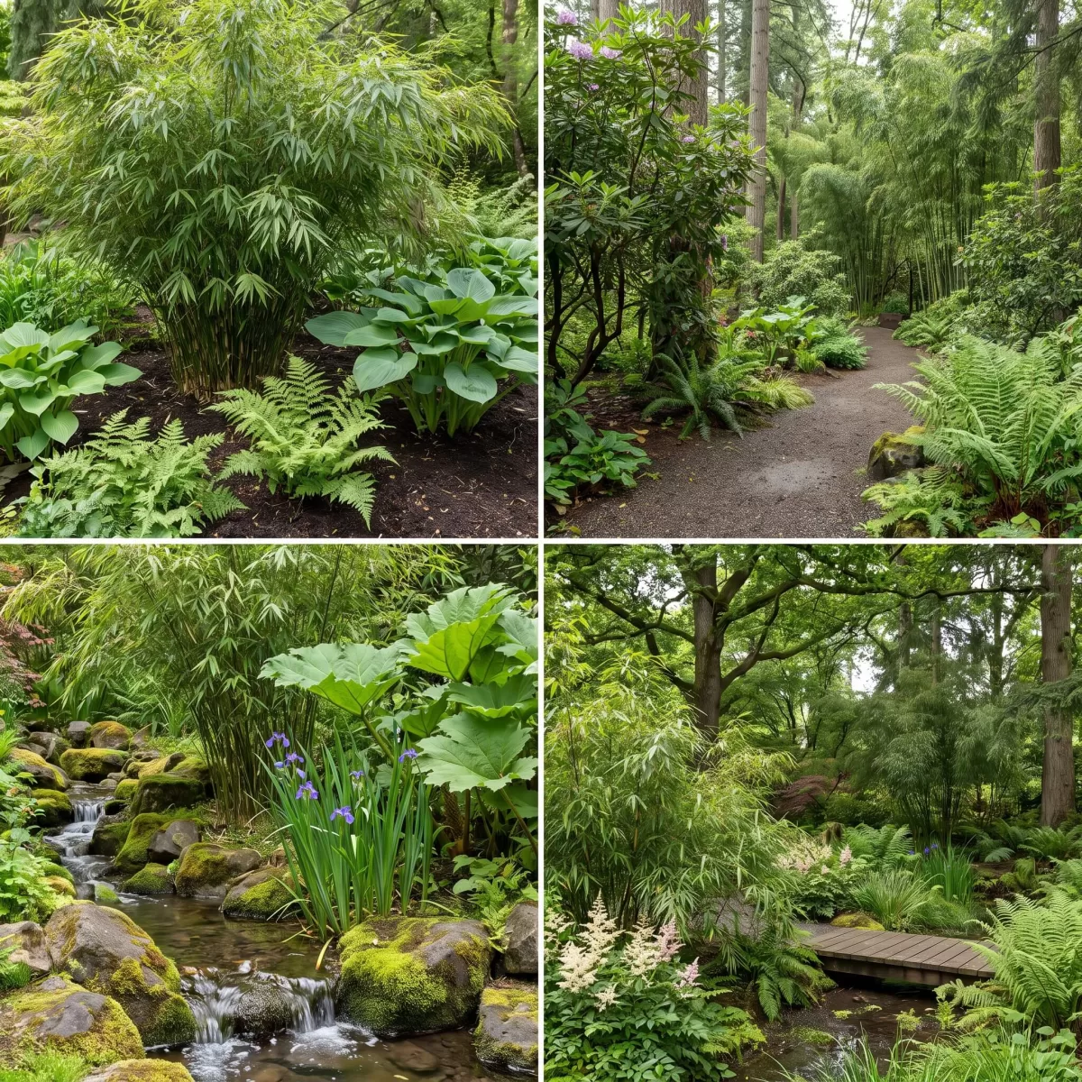 Bambus Beet mit Hostas Farnen und Rhododendron im Schattengarten