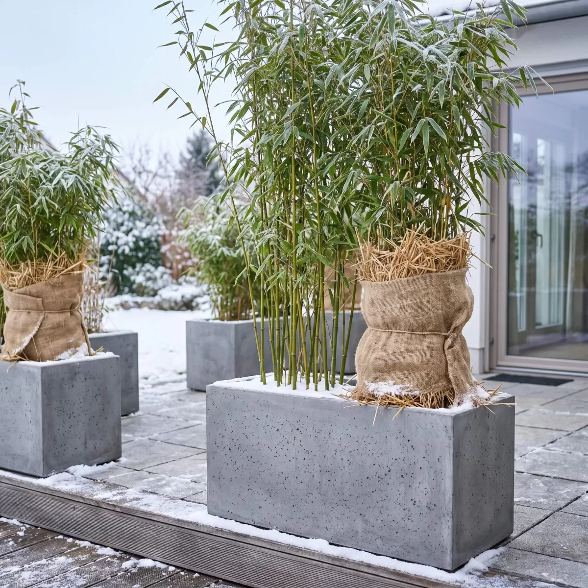 Bambus in großem Betonkübel auf winterlicher Terrasse mit Frostschutz