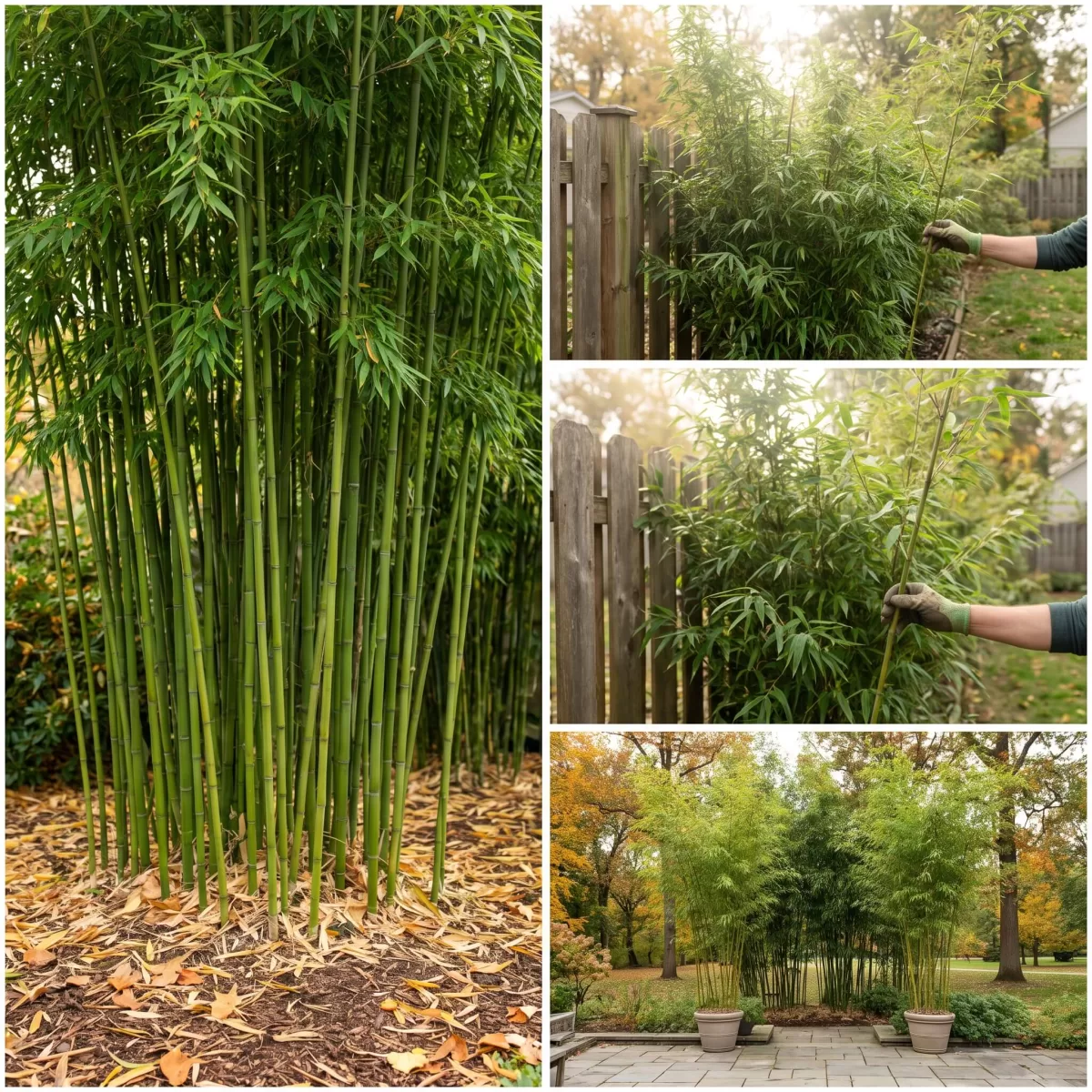 Bambus Horst im Herbst mit gesunden grünen Halmen, Gartenpflege