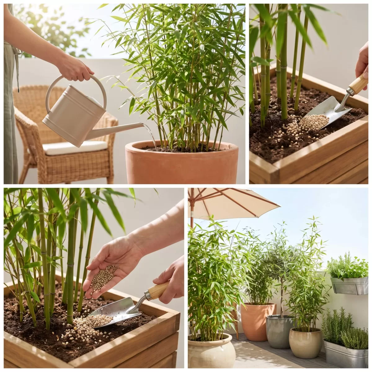 Bambus im Kübel auf sonnigem Balkon, Sommer