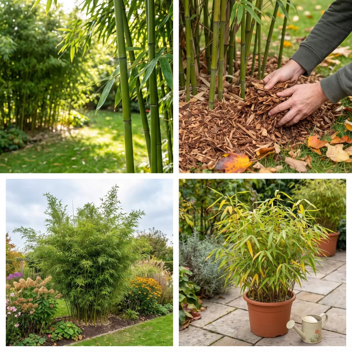 Bambus im September mit Mulch bedeckt Herbstvorbereitung Garten