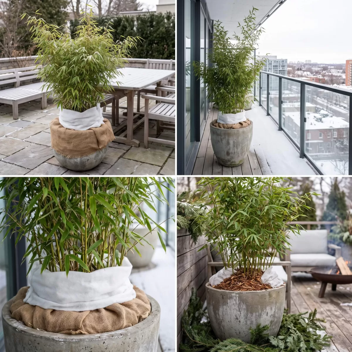 Bambus Kübel Beton Winter überstehen mit Vlies und Schutzmaßnahmen