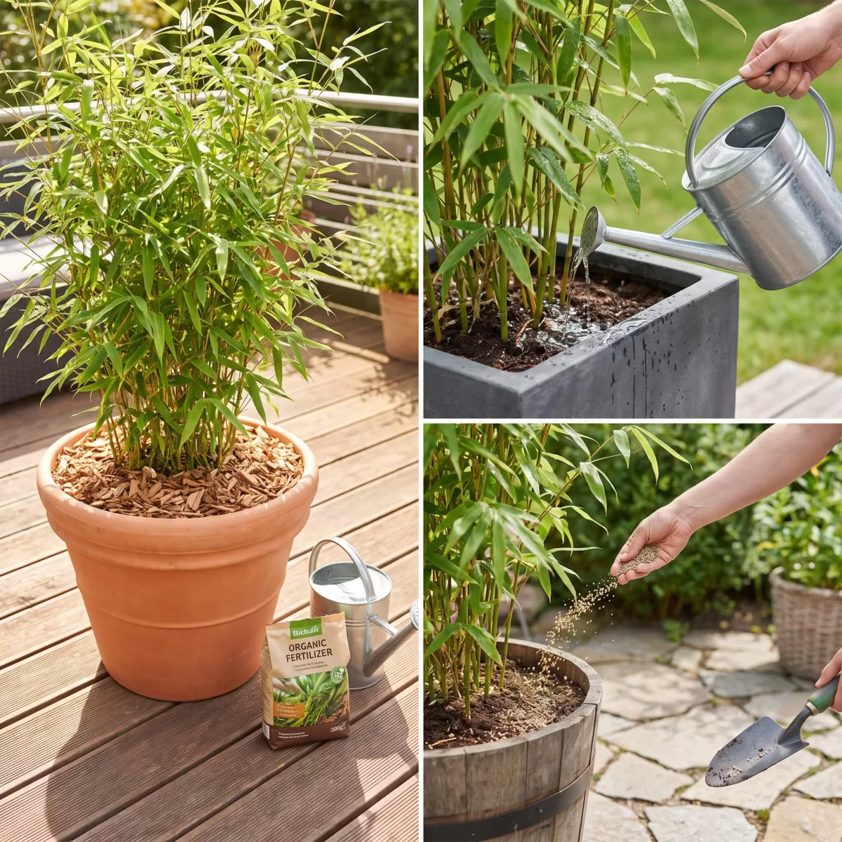 Bambus Kübel mit Mulch auf Terrasse, Sommerpflege