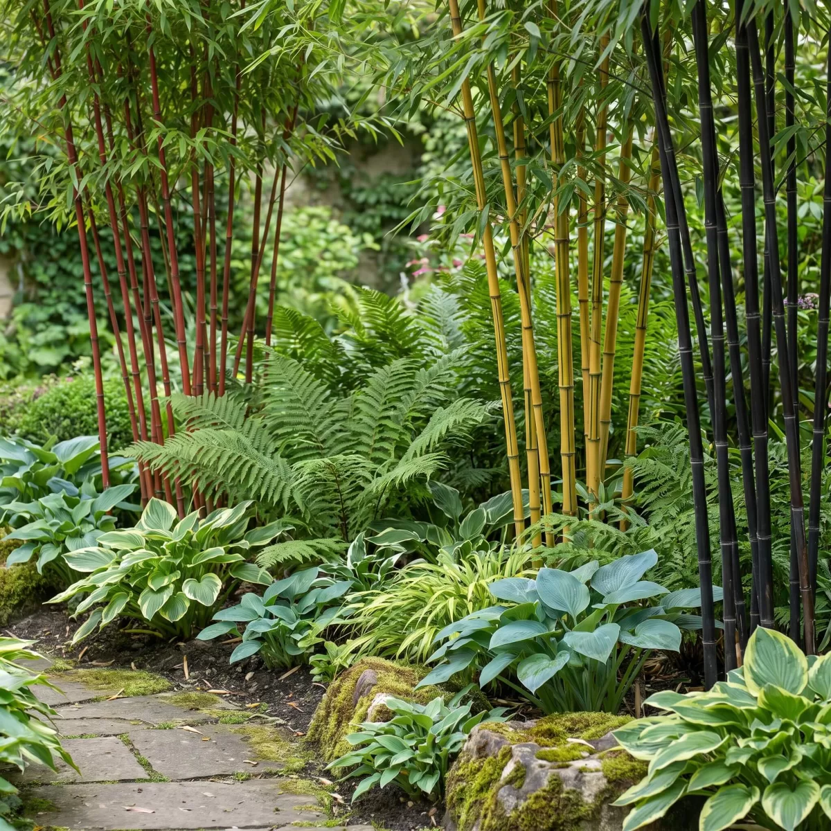 Bambus kombiniert mit Farnen und Hosta im Schattengarten