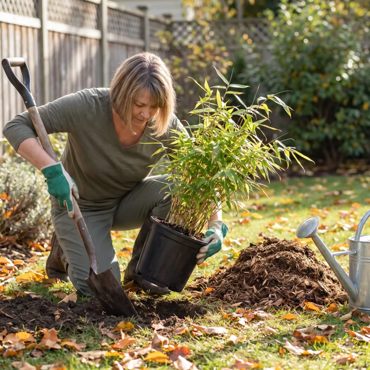 Bambus pflanzen spätsommer herbst mit Schaufel und Mulch im Garten