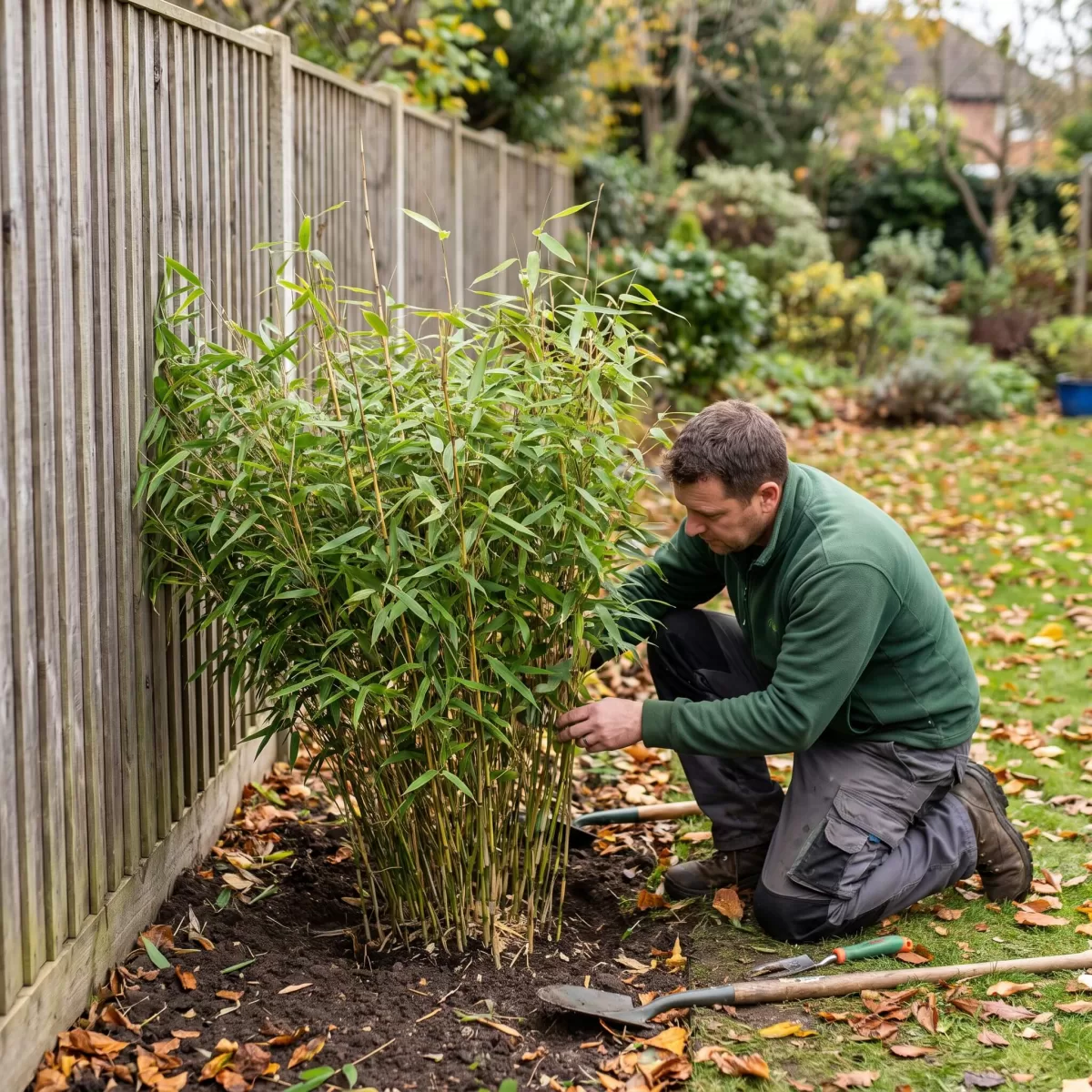 Bambus Sichtschutz September Herbstpflanzung im Garten, dichte Bambushecke