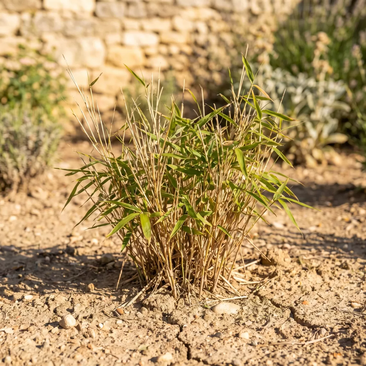 Bambus in trockenem, sandigem Gartenboden im Sommer