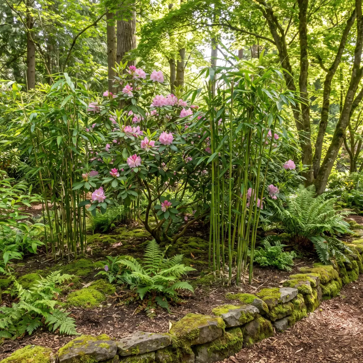 Bambus und Rhododendron in schattigem Gartenbeet kombiniert