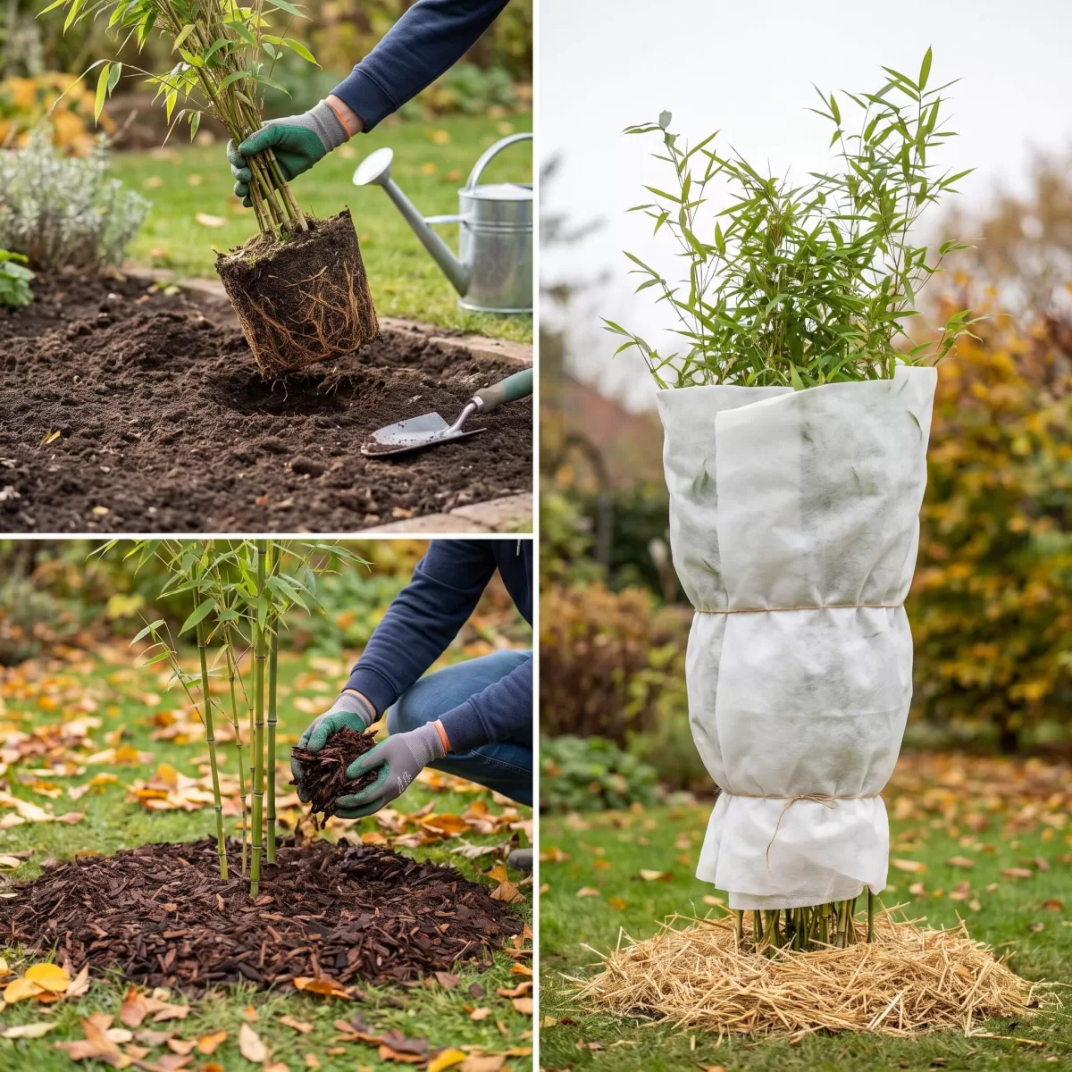 Bambus Winterschutz mit Mulch und Vlies nach Herbstpflanzung im Garten