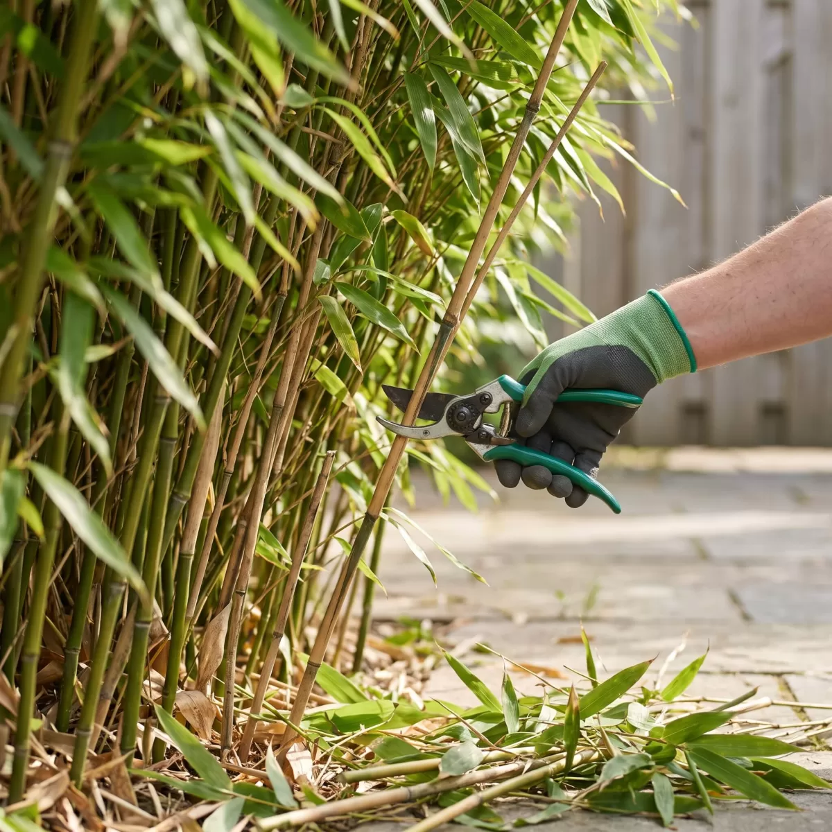 Bambushecke ausdünnen verjüngen mit Gartenschere im Frühjahr