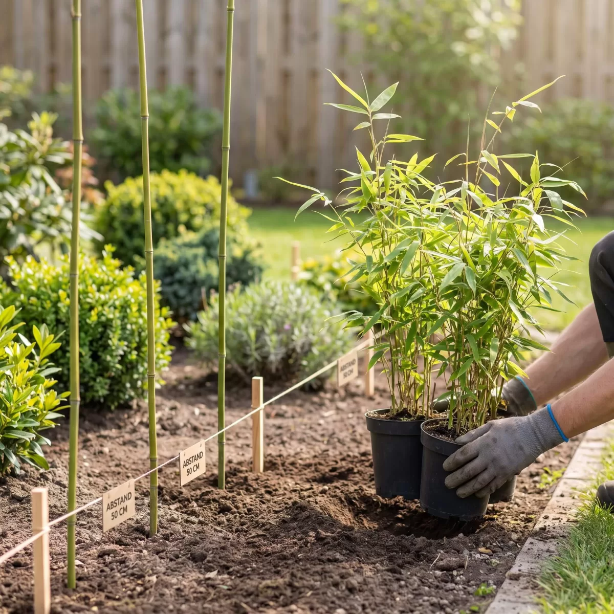 Bambuspflanzen mit Abstandsmarkierungen beim Einpflanzen im Garten