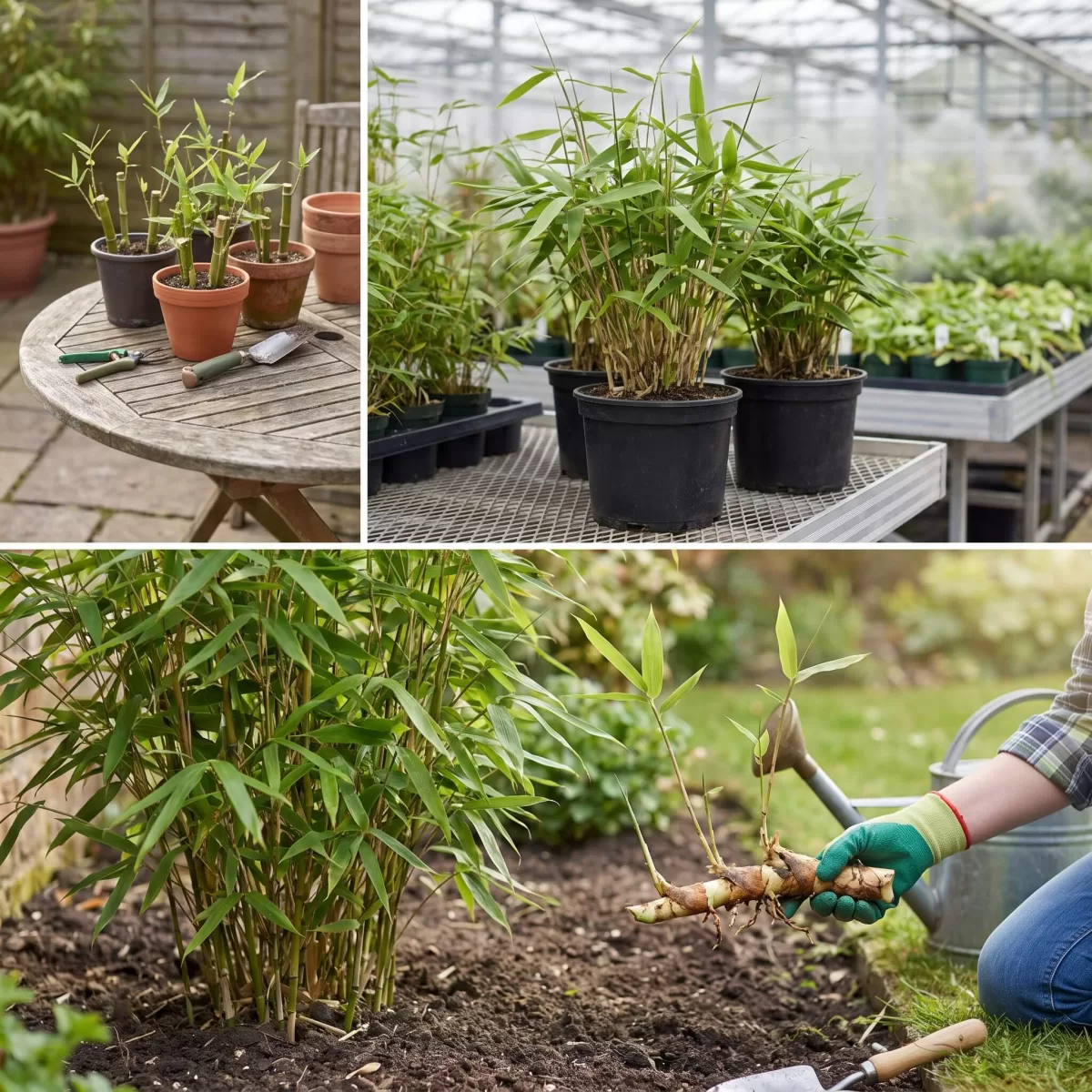 Bambusstecklinge mit frischen Trieben auf Gartentisch bereit