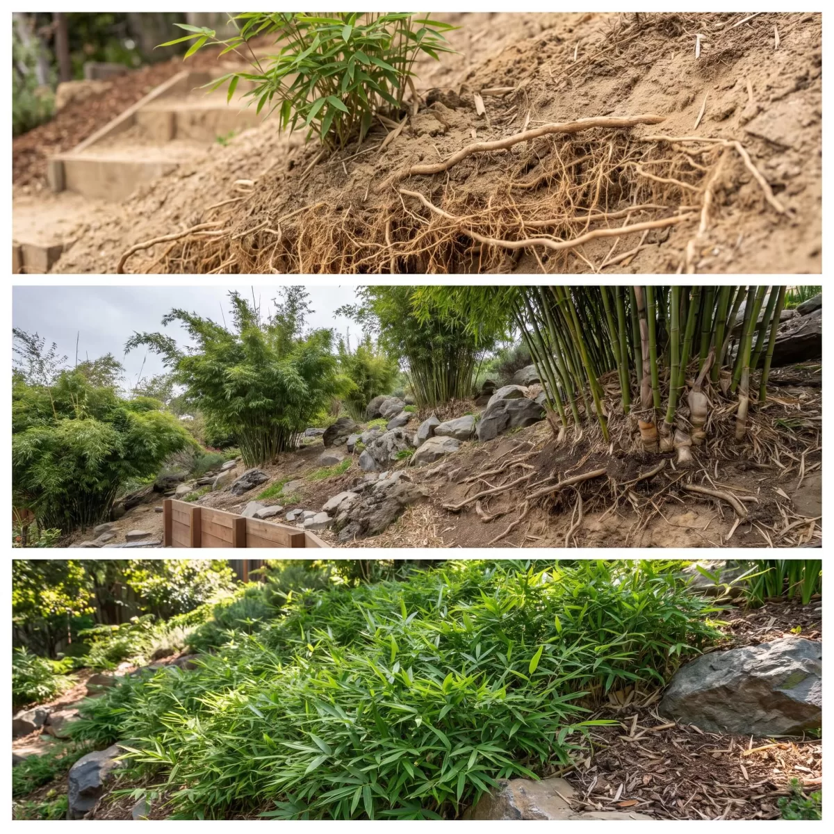 Bambuswurzeln stabilisieren steilen Hang im Garten, bambus hanggarten erosion