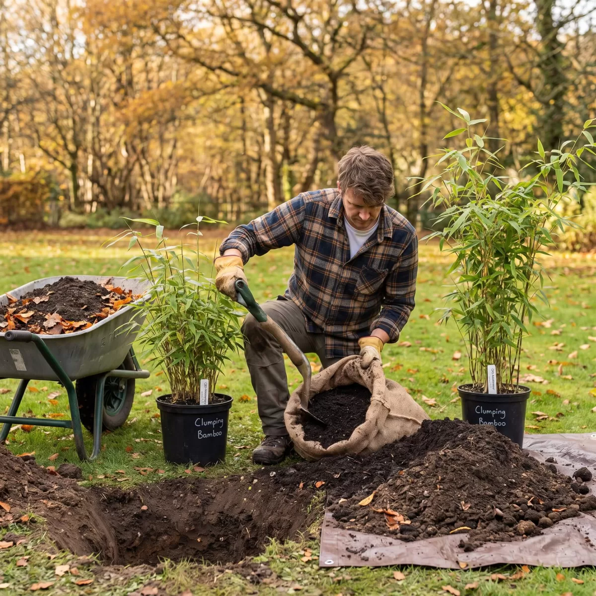 Bodenvorbereitung für Bambus mit Kompost und Gartenerde im Herbst