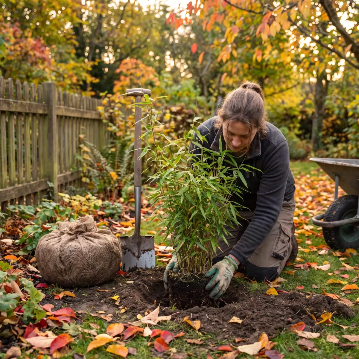 Fargesia Bambus im Herbstgarten mit buntem Laub im Hintergrund