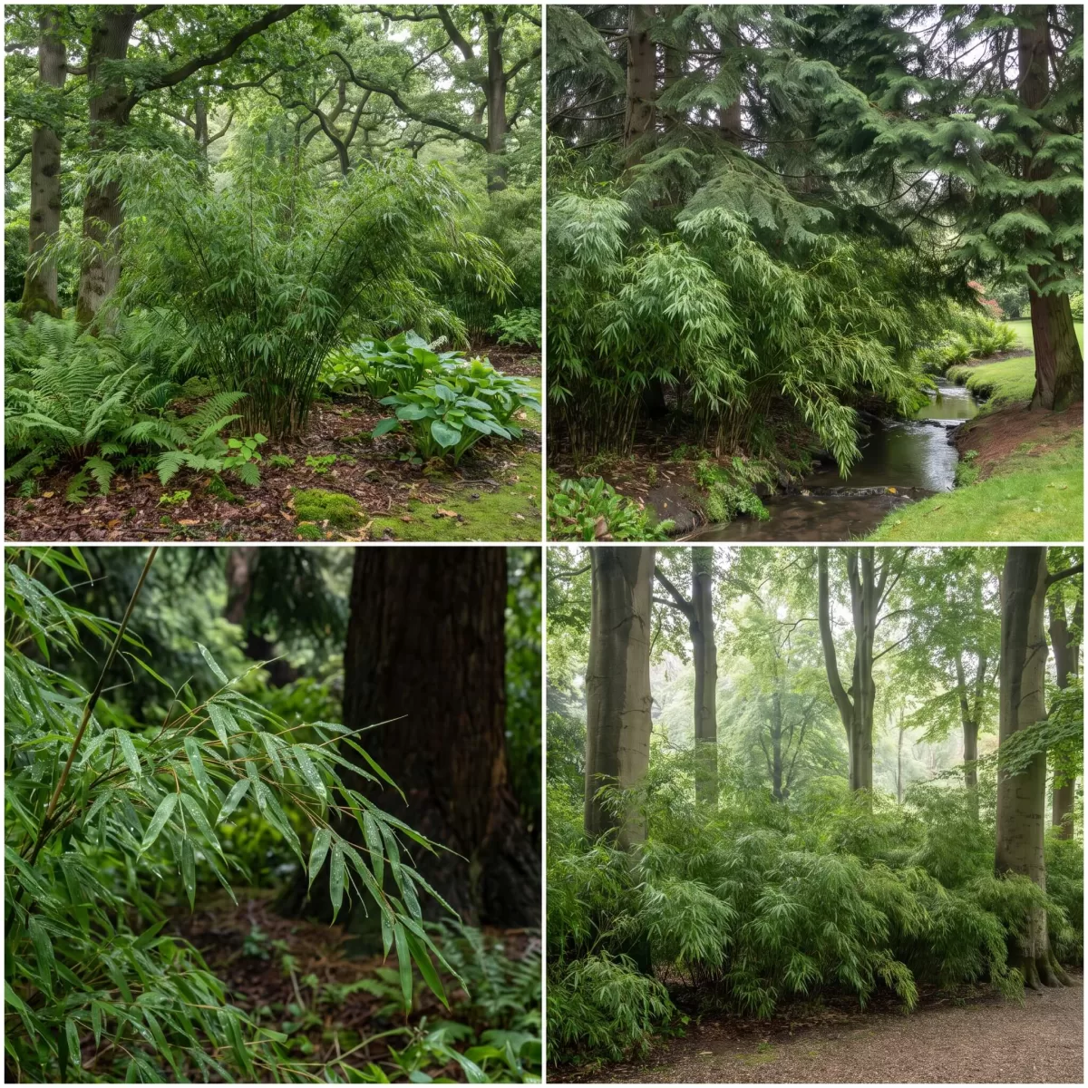 Fargesia Bambus als Unterholz unter großen Bäumen im Garten