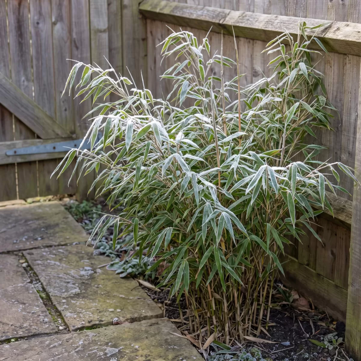 Fargesia murielae Winter Joy in schattigem kleinen Garten mit Frost