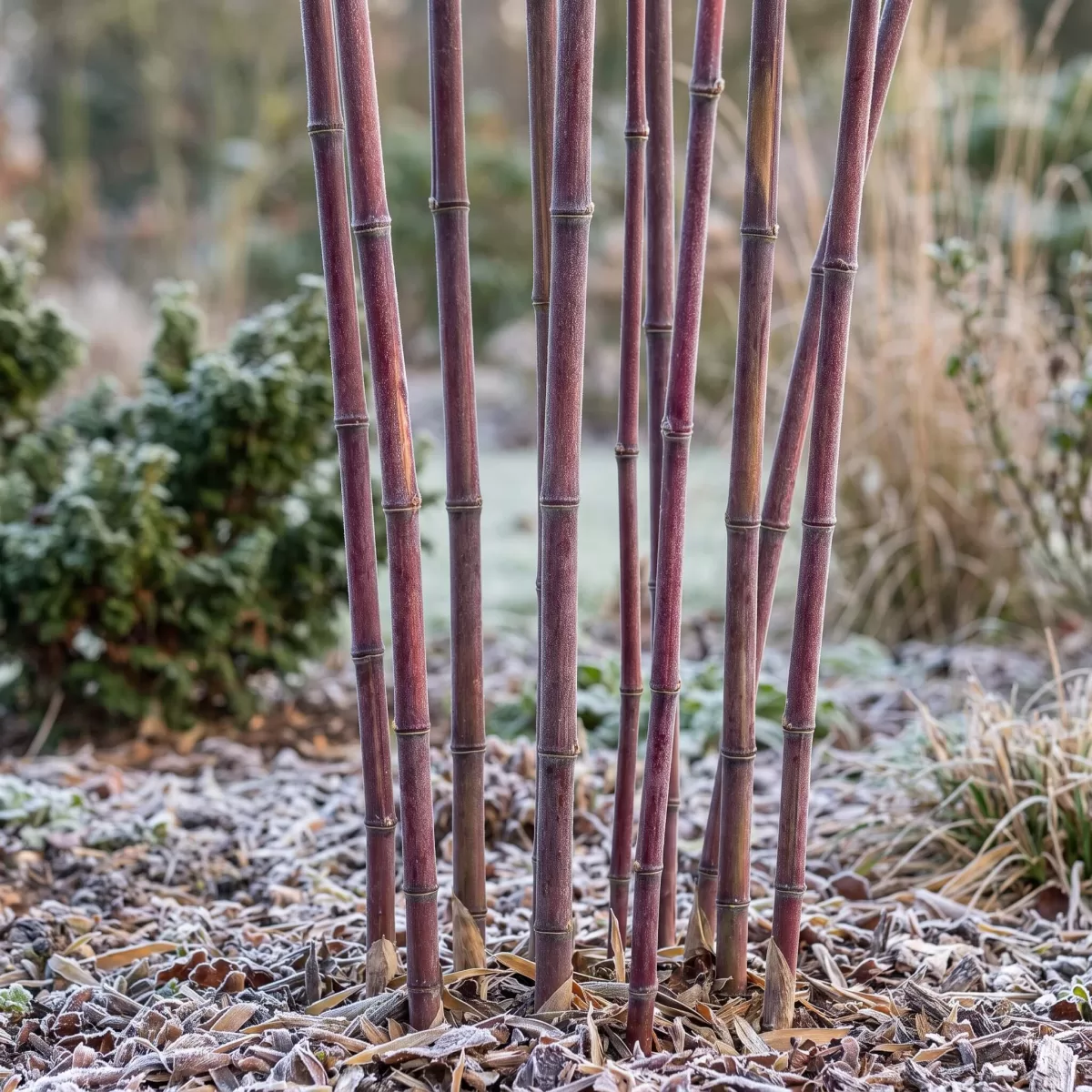 Fargesia nitida Winter Joy Halme in rötlich-violetter Winterfärbung