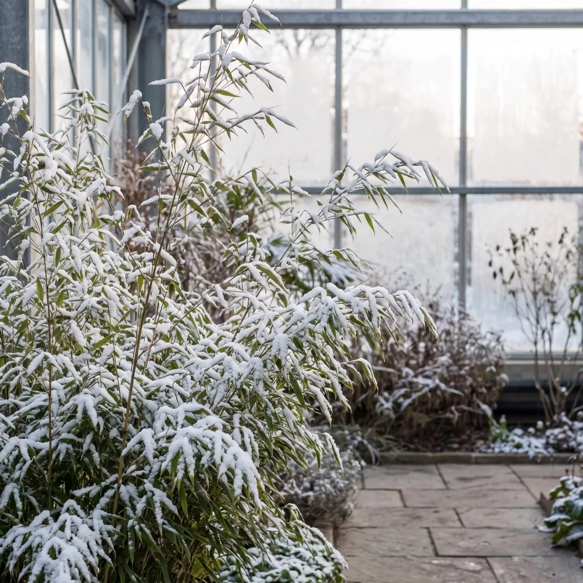 Fargesia nitida Winter Joy mit Schnee bedeckt im Wintergarten