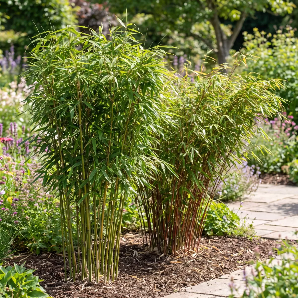 Fargesia Robusta und Fargesia Rufa nebeneinander im Sommer Garten