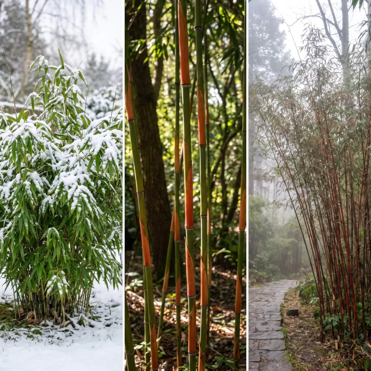 Fargesia Rufa im Schnee mit grünen Blättern winterhart