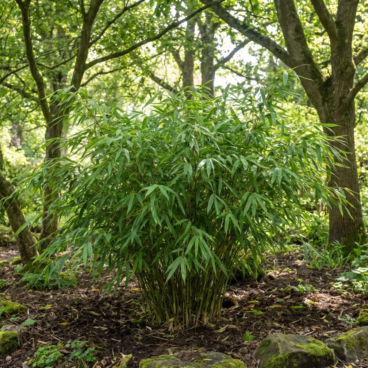 Fargesia Winter Joy Bambus mit frischem Grün im schattigen Garten