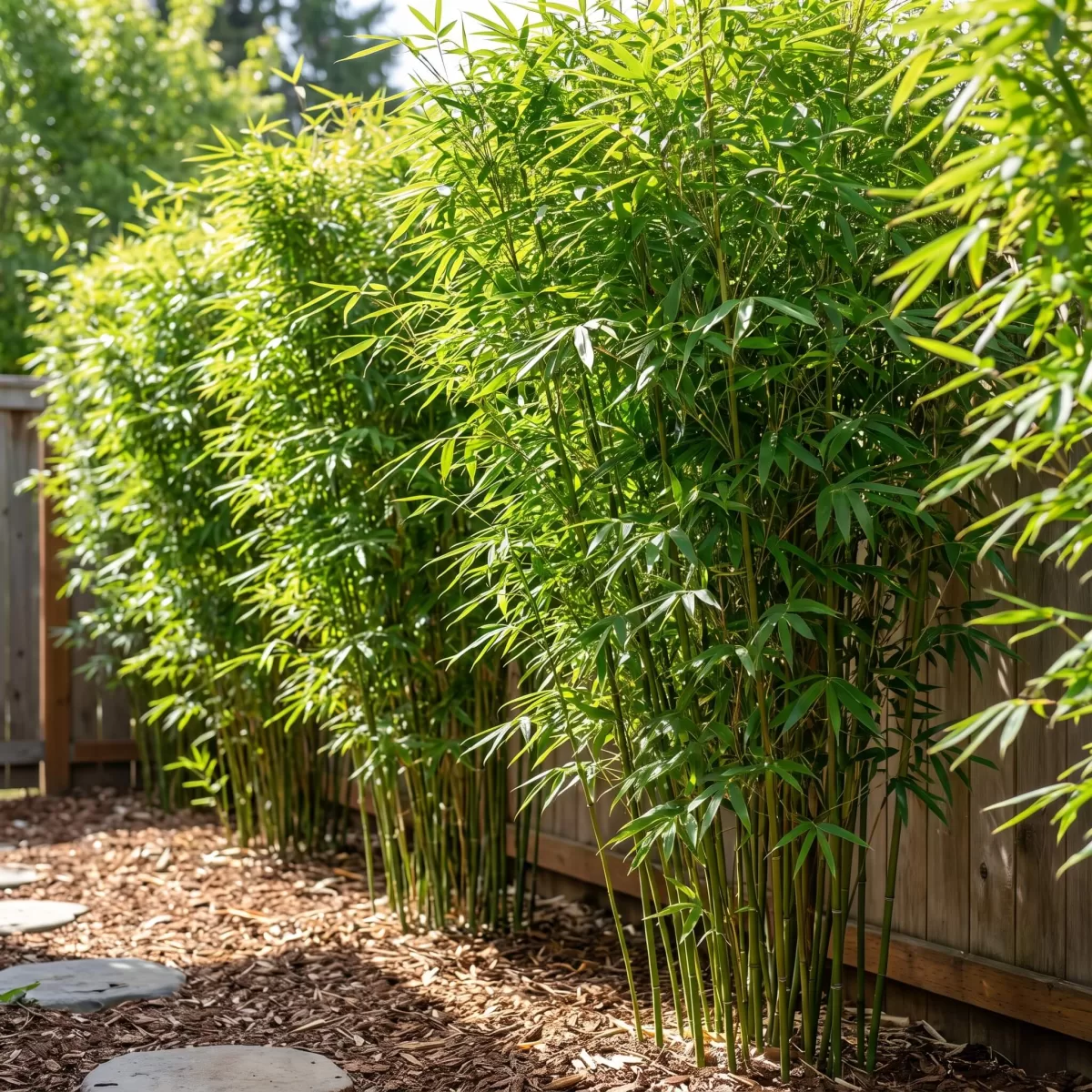 Gepflegte Bambus Hecke im Garten mit Sonnenlicht und sattem Grün