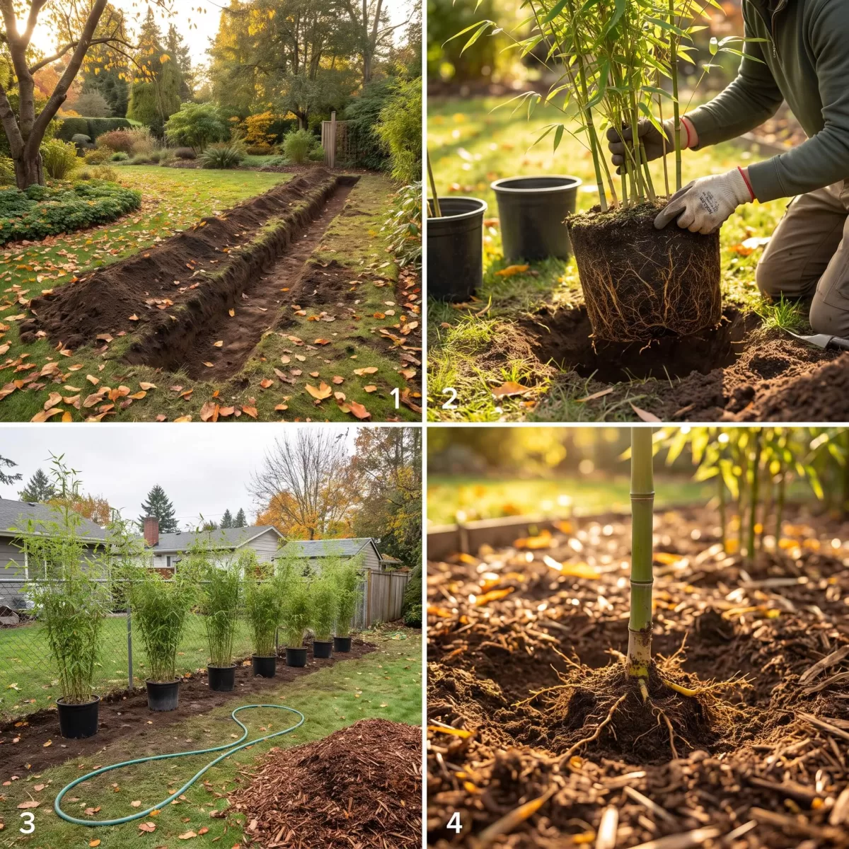 Herbst Bambushecke anlegen mit mehreren Bambuspflanzen nebeneinander