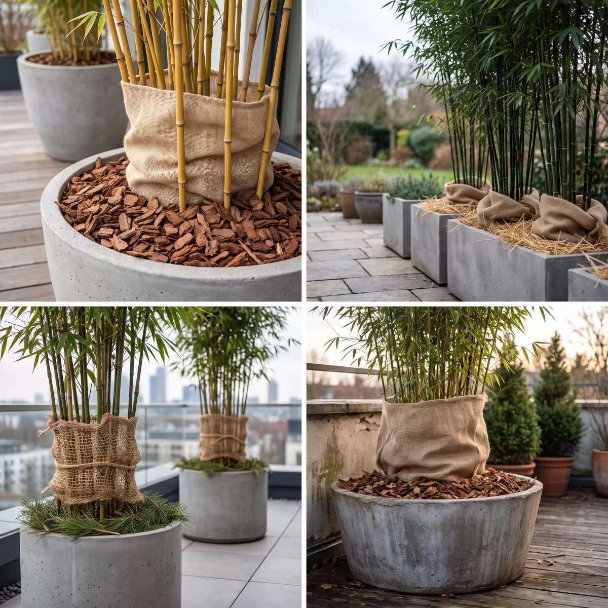 Kübelbambus auf Terrasse mit Jutegewebe und Mulch winterfest gemacht