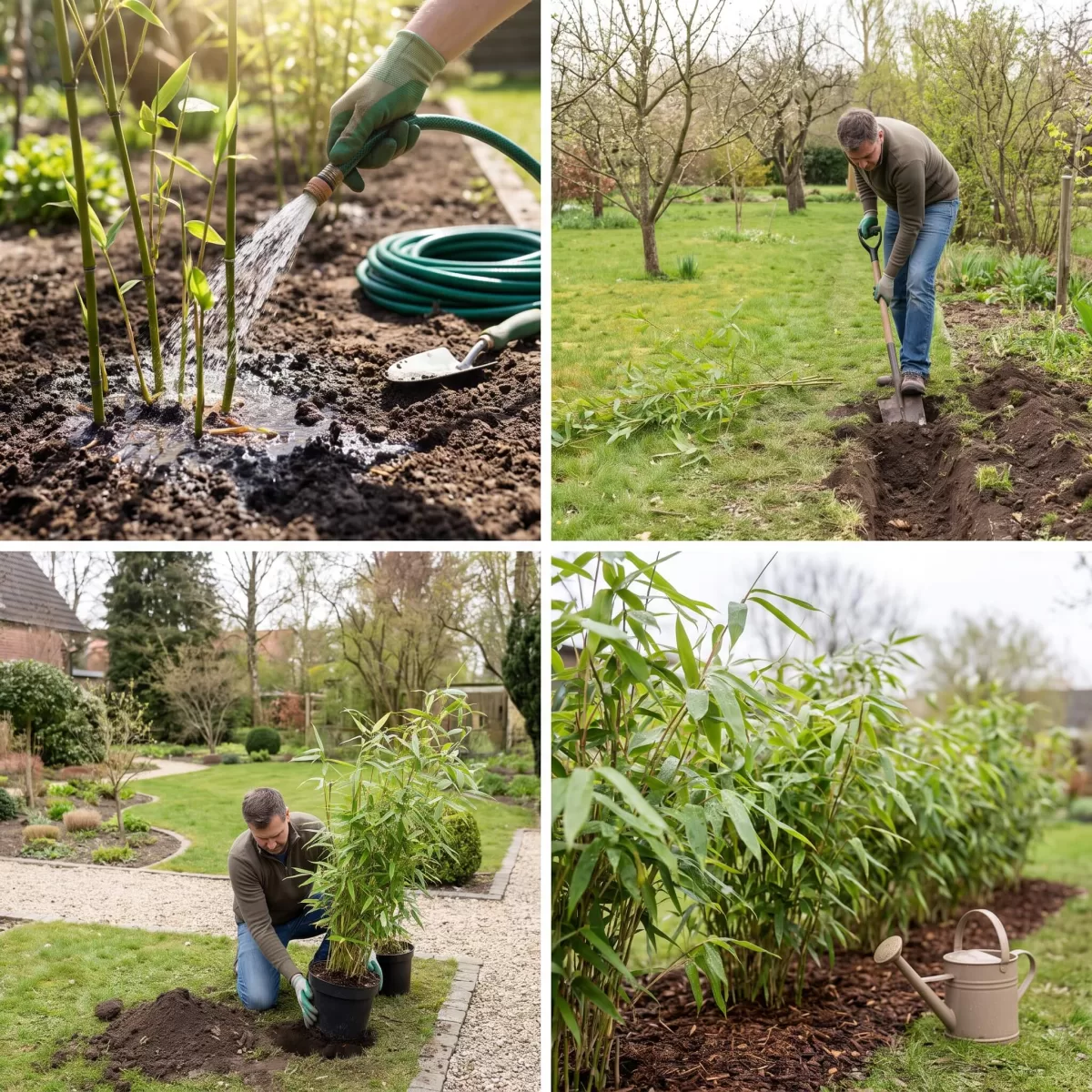 Neue Bambushecke gießen Frühjahr, Gartenschlauch und Erde