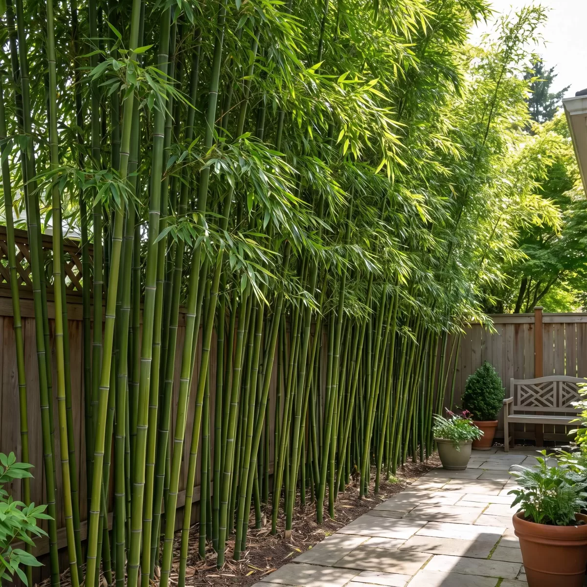 Phyllostachys vivax McClure Riesenbambus Hecke im Privatgarten mit dichten Halmen