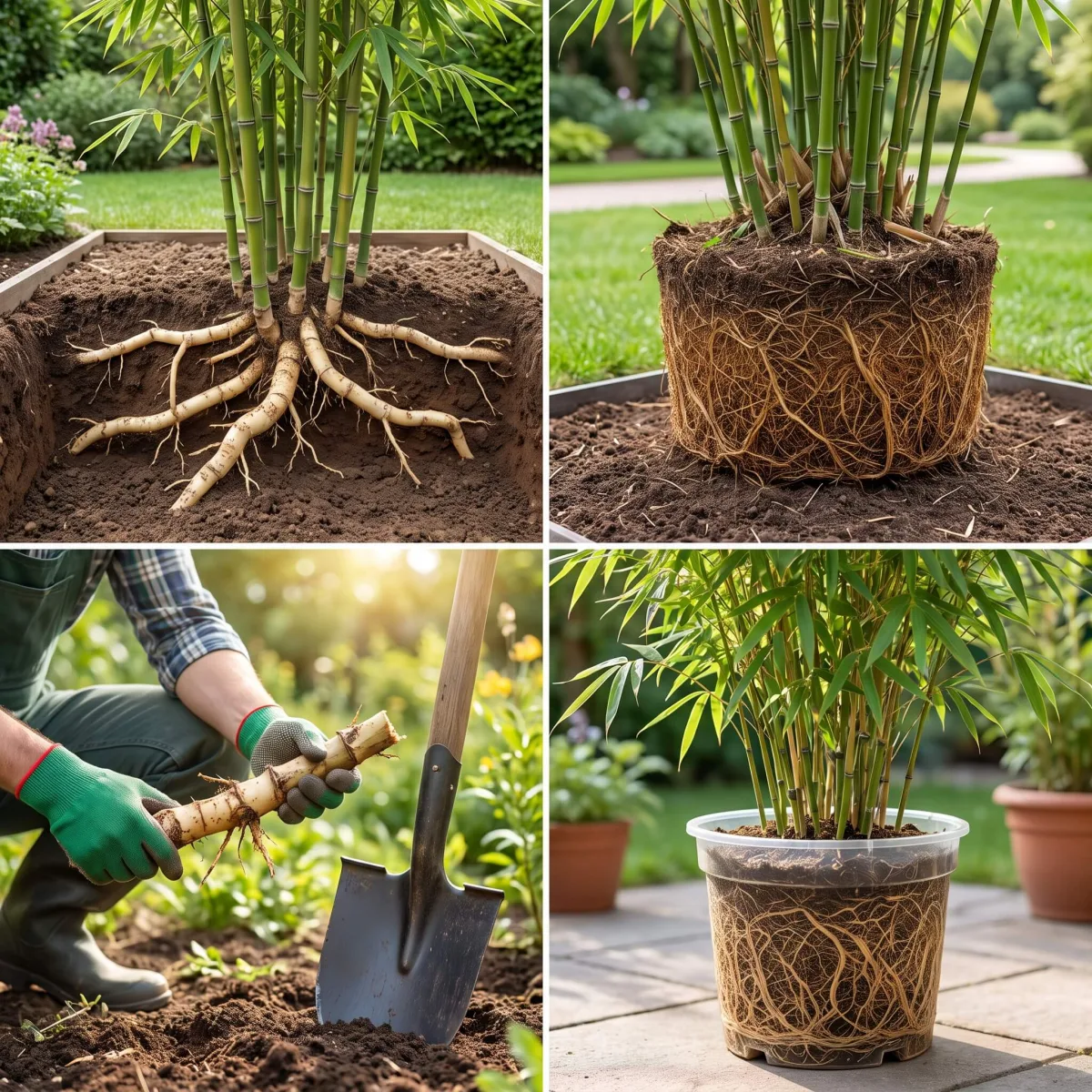Rhizomstruktur Phyllostachys versus Fargesia Wurzeln im Boden