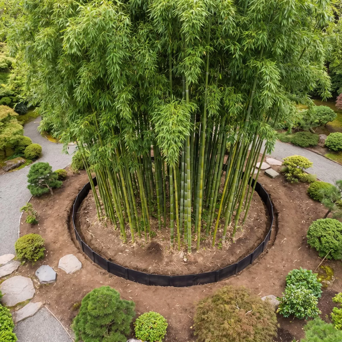 Riesenbambus Phyllostachys Fläche im Garten mit Rhizomsperre, Draufsicht