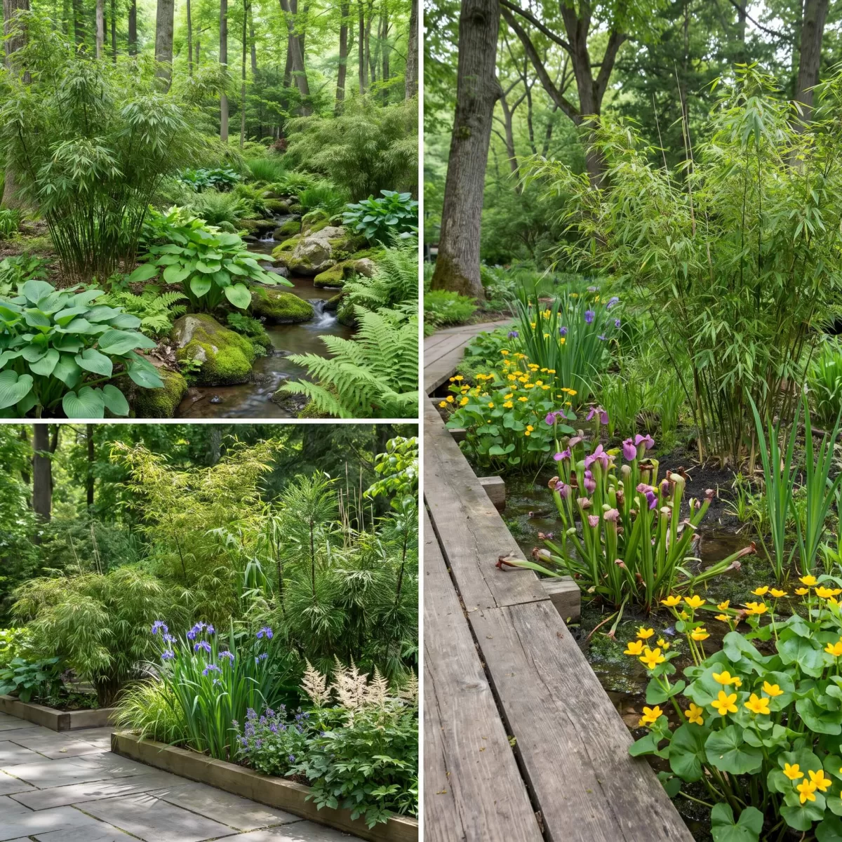 Schattengarten Design mit Fargesia Bambus und Moorbeetpflanzen