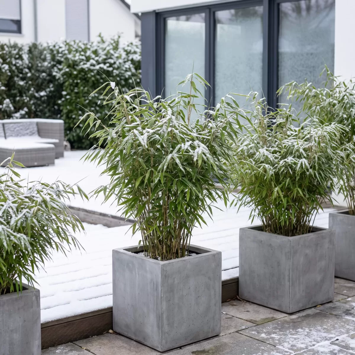 Vergleich winterharter Bambussorten in Kübeln auf der Terrasse im Schnee