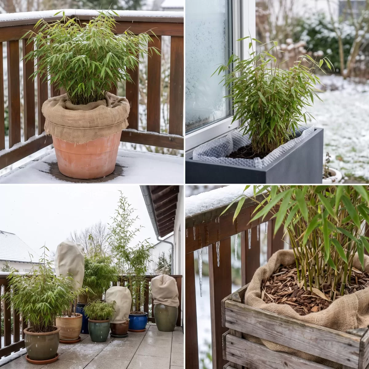 Winterharter Bambus im Kübel mit Frostschutz auf Balkon im Winter
